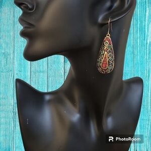 Tibetan Brass Turquoise Coral Mosaic Teardrop Dangle Hook Earrings